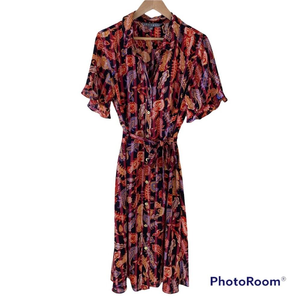 Sharagano Midi Paisley Short Ruffle Sleeve Shirt Dress with Waist Tie Size 14